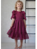 Elbow Sleeves Burgundy Chiffon Flower Girl Dress